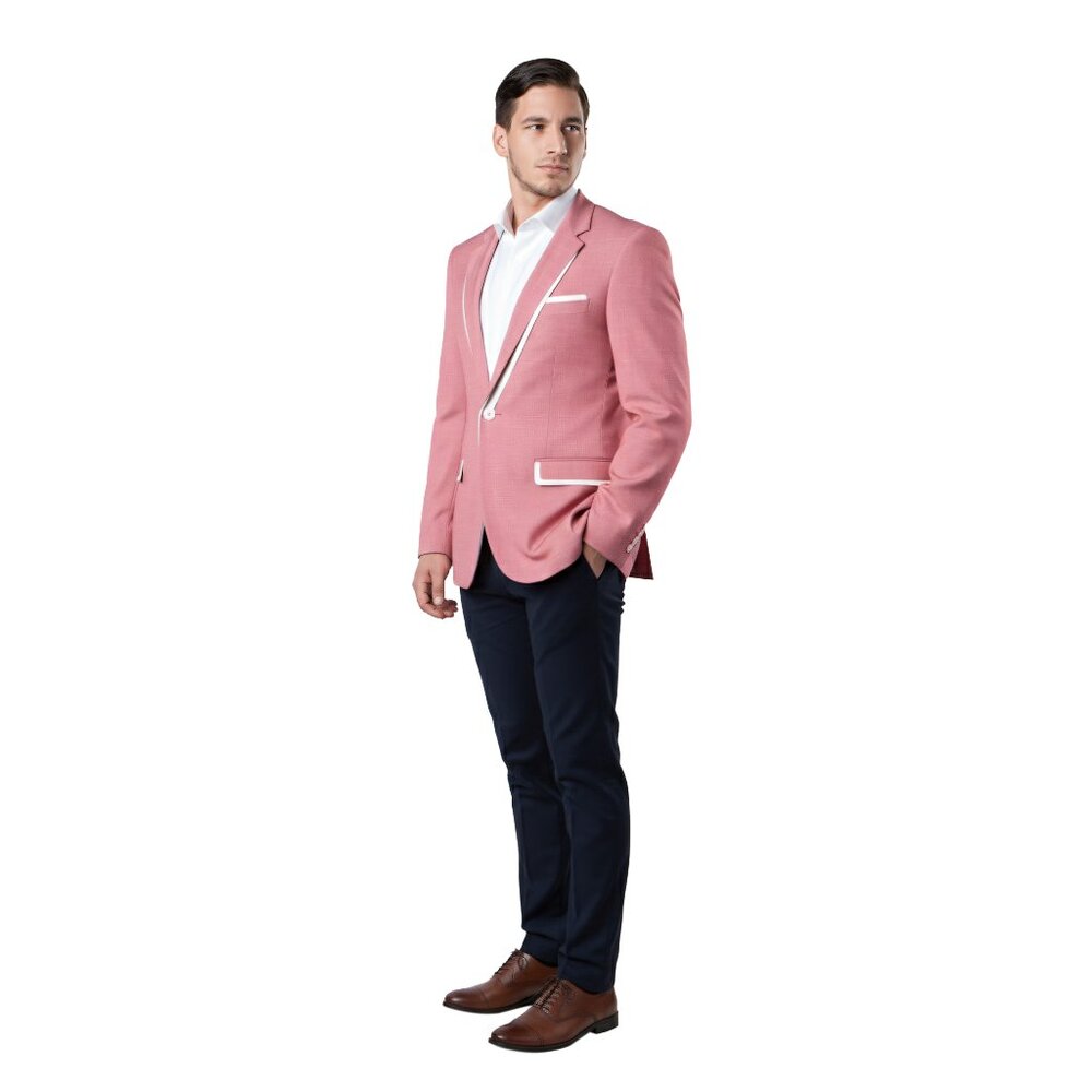 Luxurious Men's Salmon Pink Suit Jacket With White Trim - Picture 4 of 5